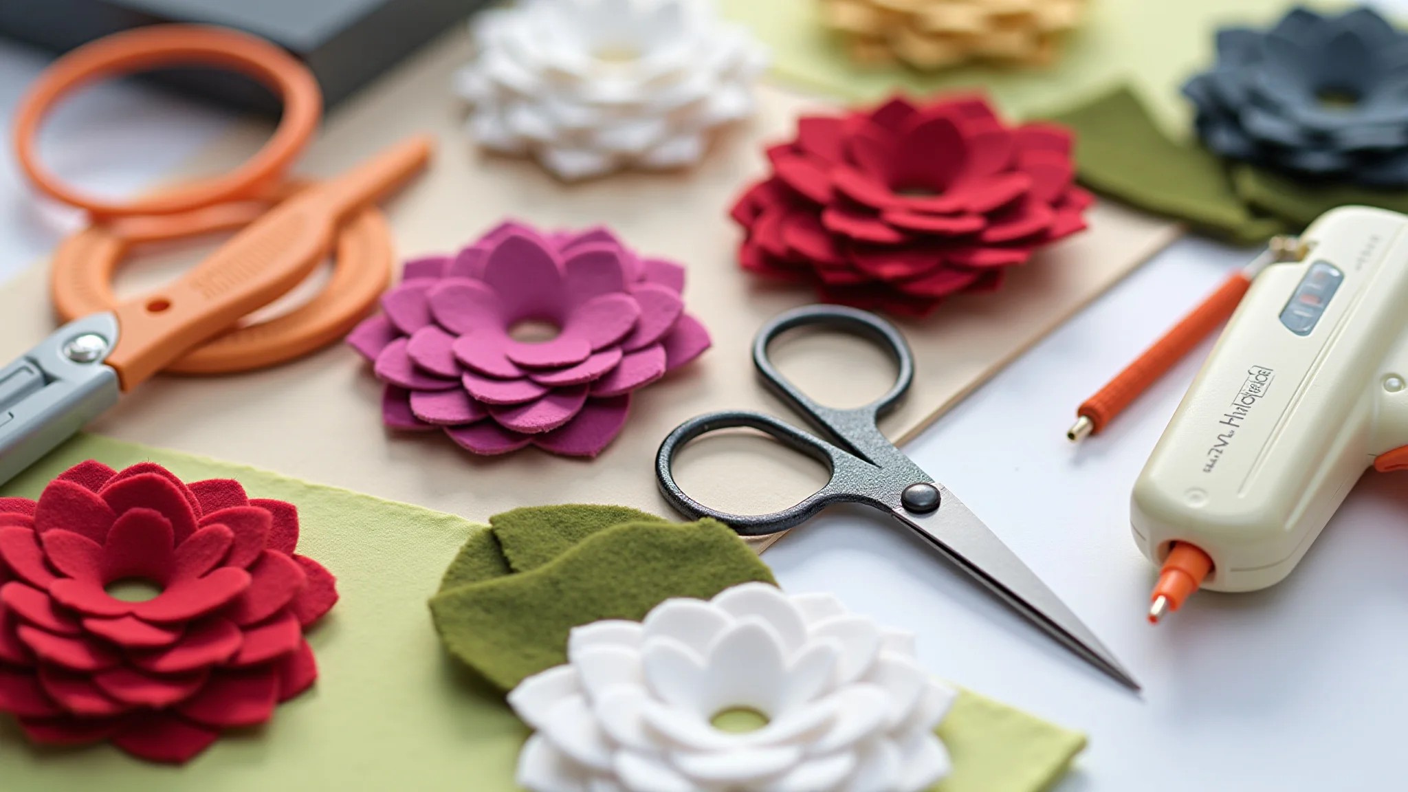 Materiais para artesanato de flores de feltro: feltro, tesoura, linha, cola quente.