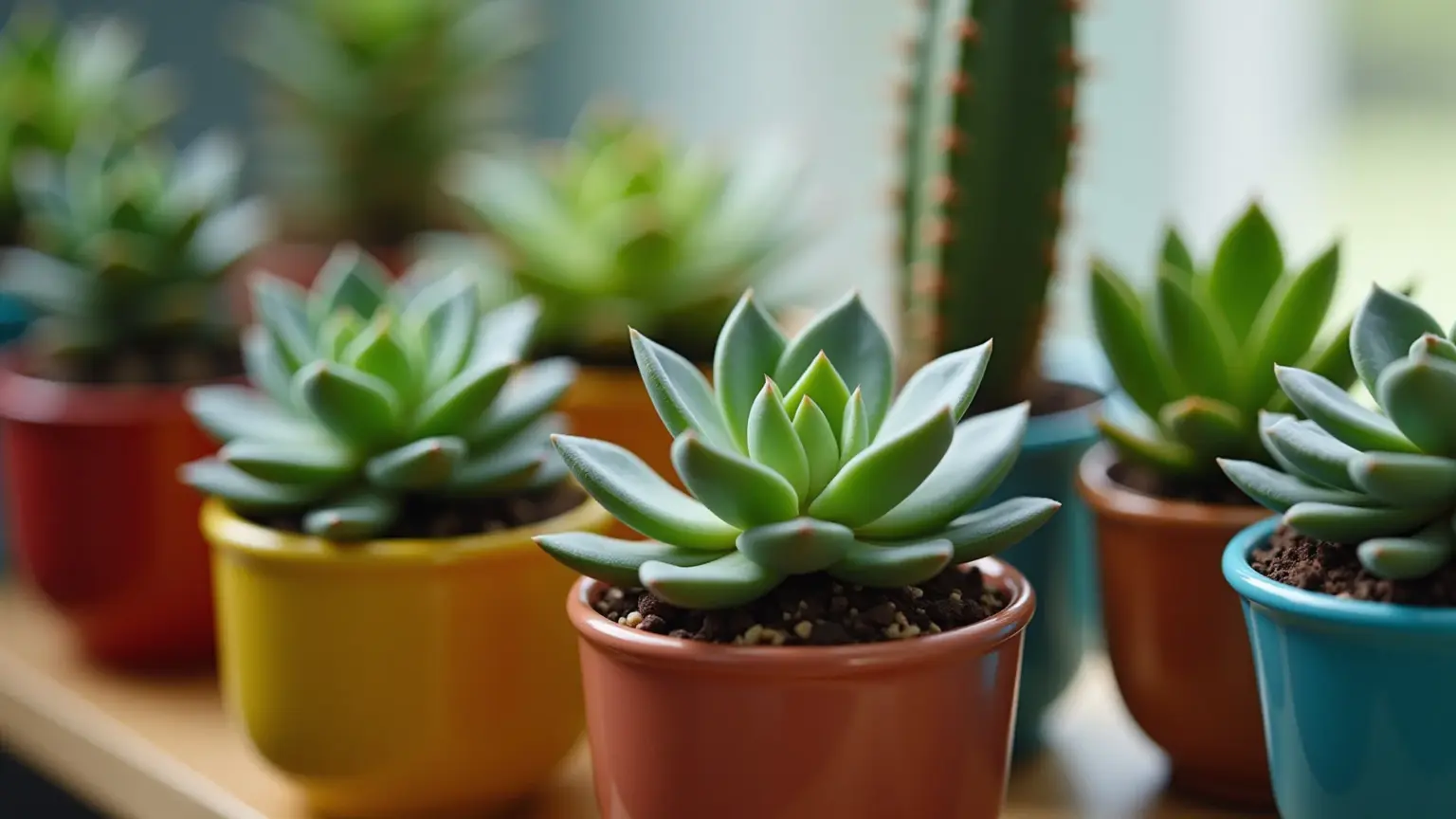 Diversas suculentas plantadas em vasos de cerâmica coloridos e artesanais.