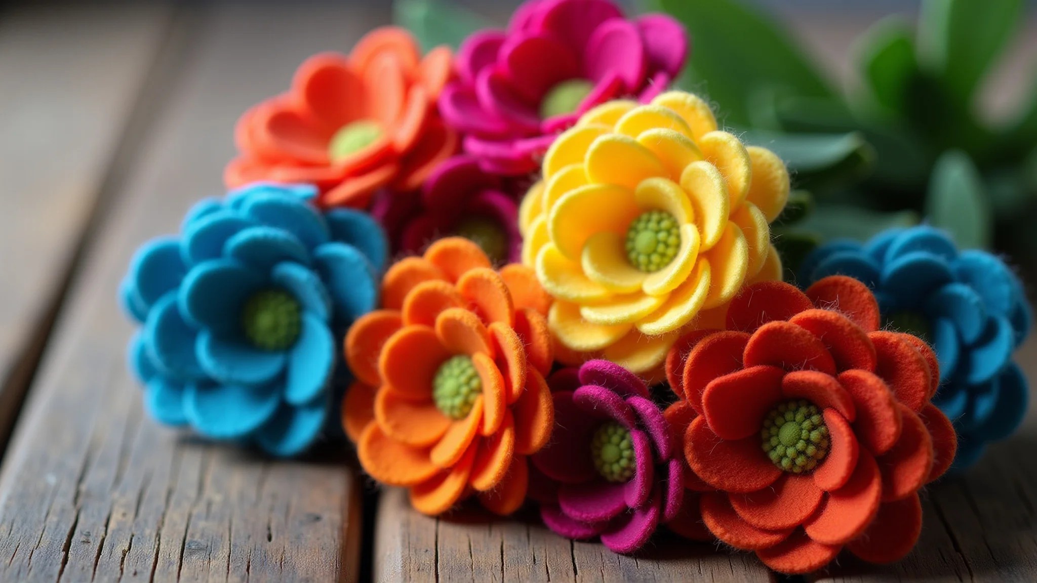 Arranjo vibrante de flores de feltro coloridas em mesa rústica, detalhe das texturas.