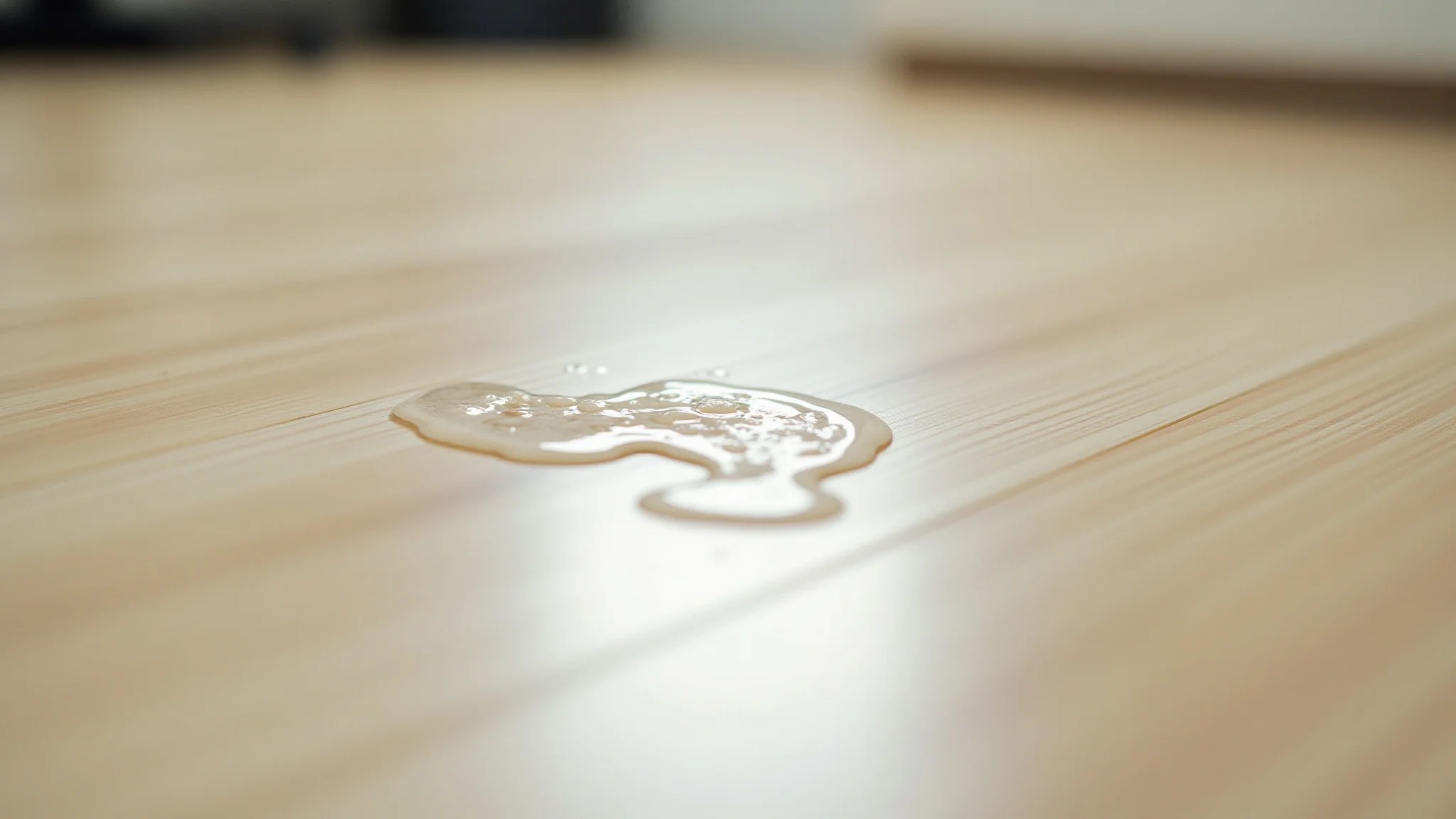 Derrame de água em piso laminado claro, fácil de limpar.