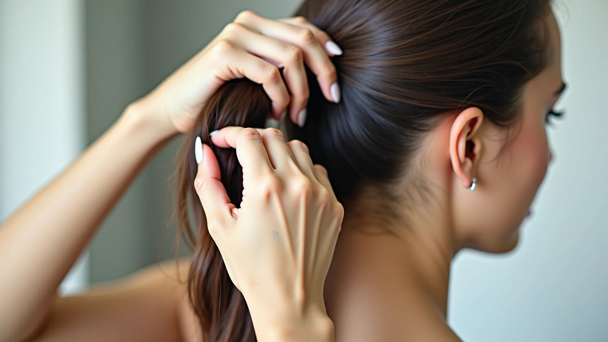 Mulher aplicando máscara capilar no couro cabeludo, tratamento para queda de cabelo.