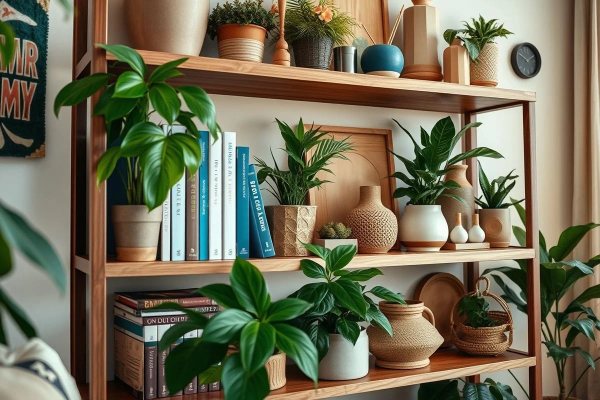 Detalhe de rack decorado com livros, plantas e objetos, em sala de estar.