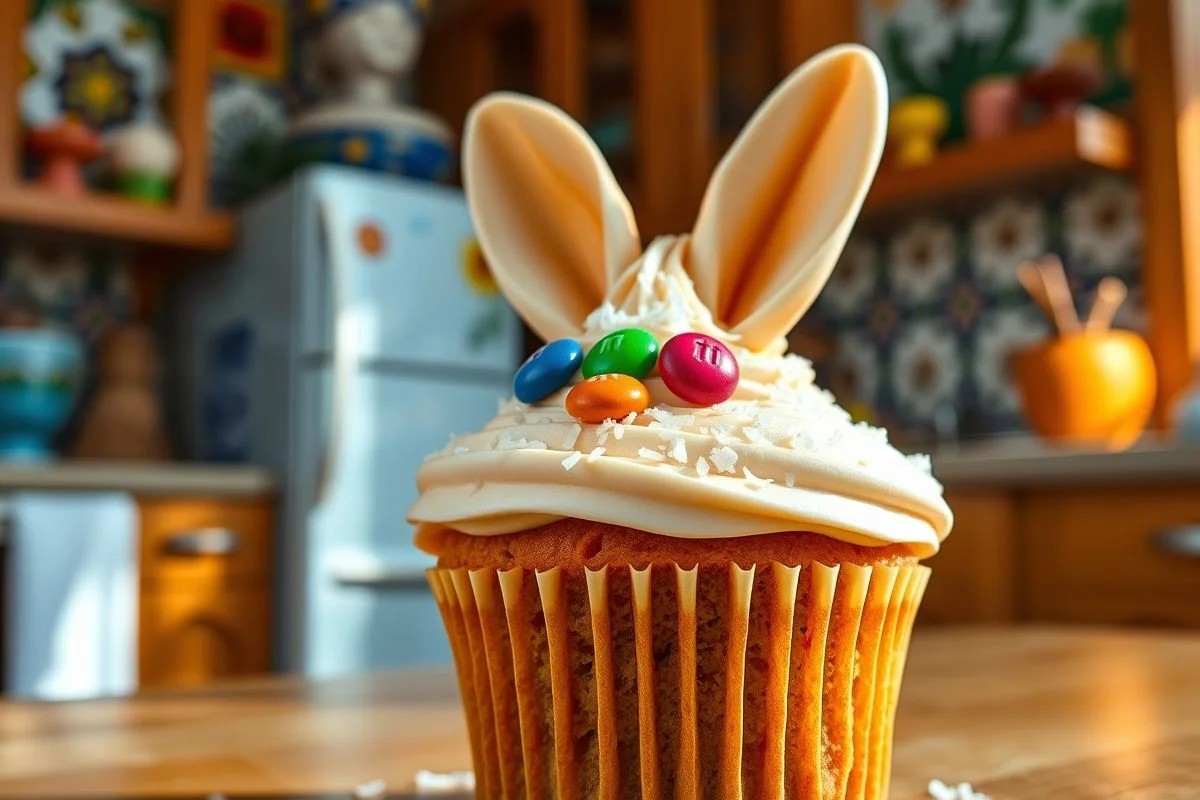 Cupcake de cenoura com cobertura cremosa, coco ralado e M&Ms formando um coelho. Delícia brasileira.