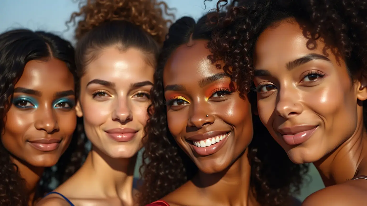 Grupo de mulheres brasileiras se maquiando com sombras coloridas.