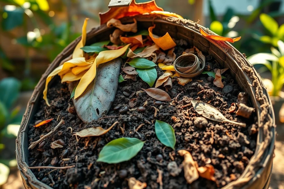 Composteira caseira em quintal brasileiro. Reciclagem e adubo orgânico.