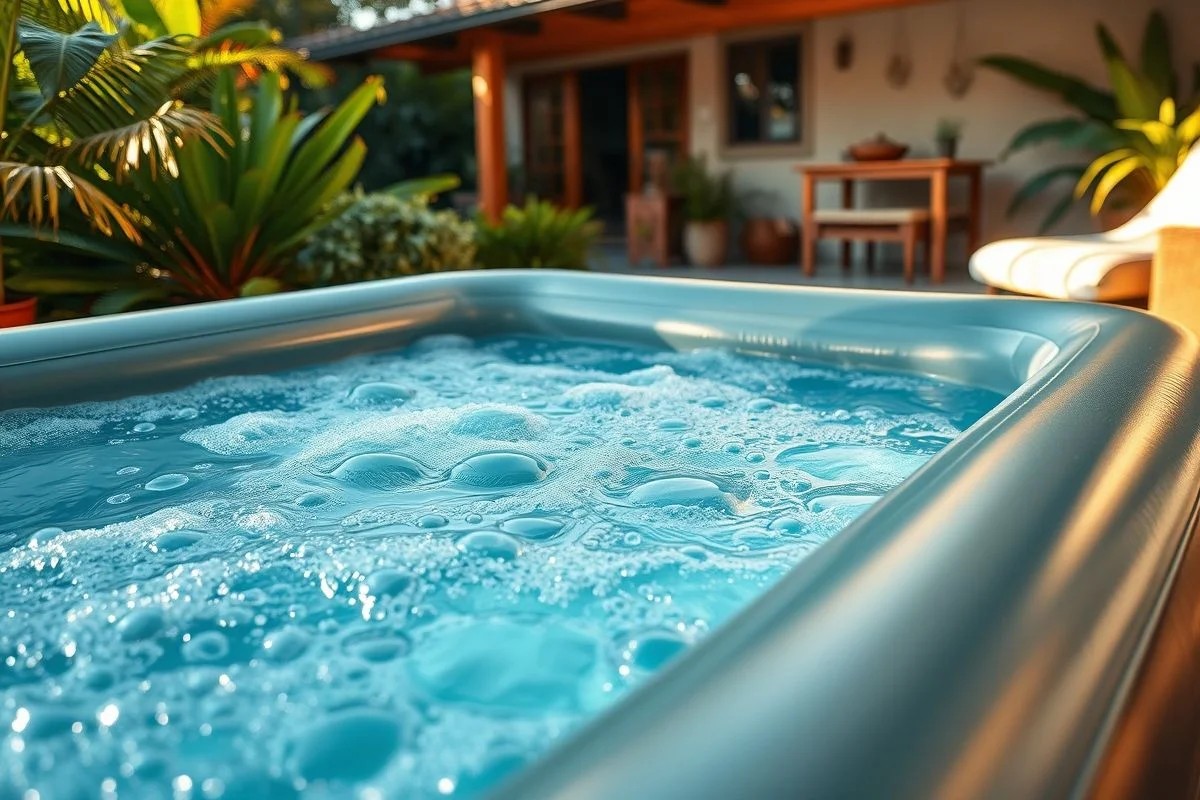 Jacuzzi inflável portátil montada em pátio, fácil instalação e uso.