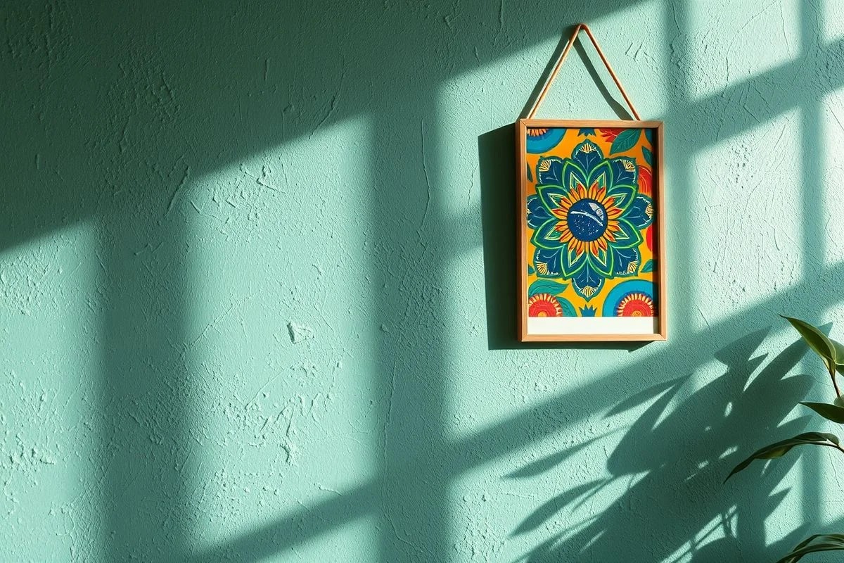 Parede verde-água texturizada com obra de arte, iluminação natural e foco nos detalhes.