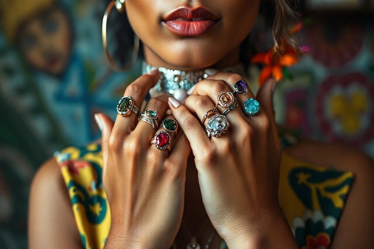 Acessórios anos 90: choker, anéis grandes, presilhas em close-up, estilo brasileiro.