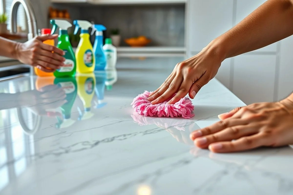 Mãos limpando bancada de quartzo na cozinha com produtos de limpeza.