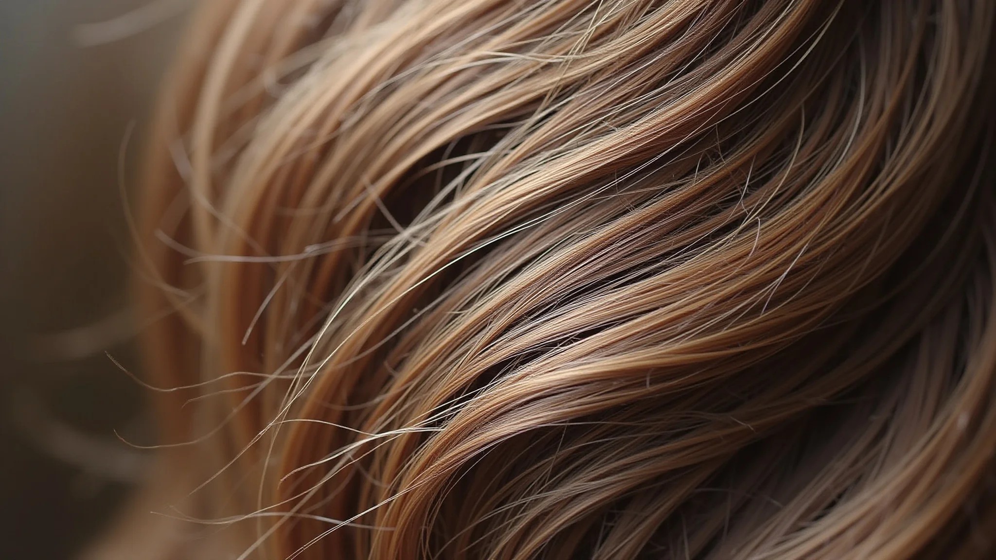 Close das pontas ressecadas de um cabelo castanho longo, mostrando a textura danificada.