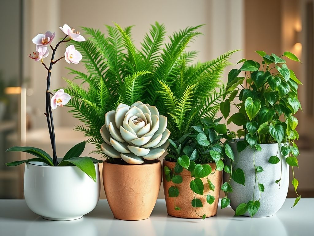 Close-up de quatro plantas diferentes adequadas para banheiros, incluindo uma orquídea, samambaia, lírio da paz e zamioculca.