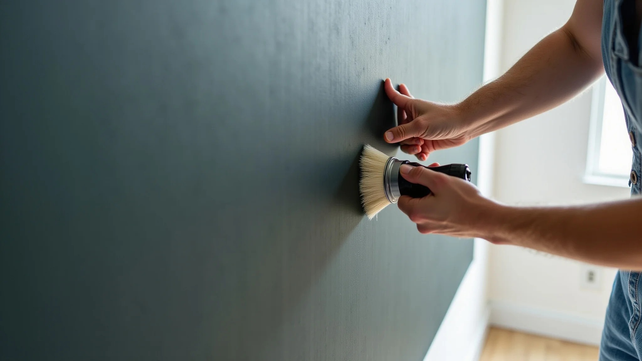 Mãos pintando parede com tinta de lousa, detalhe da textura.