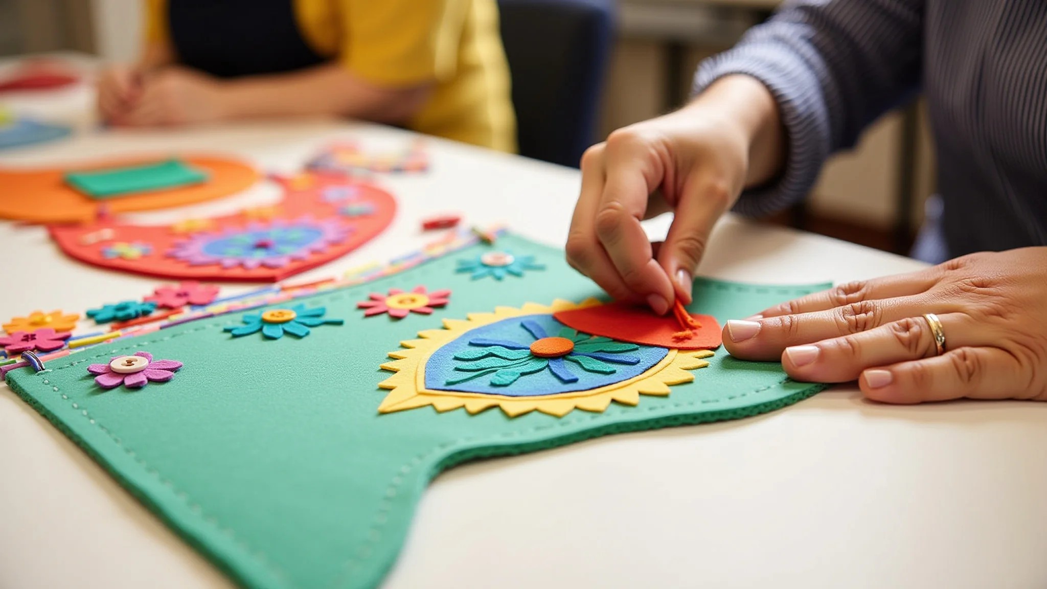 Mãos criando bandeirinhas de feltro coloridas para Festa Junina com botões e bordados.