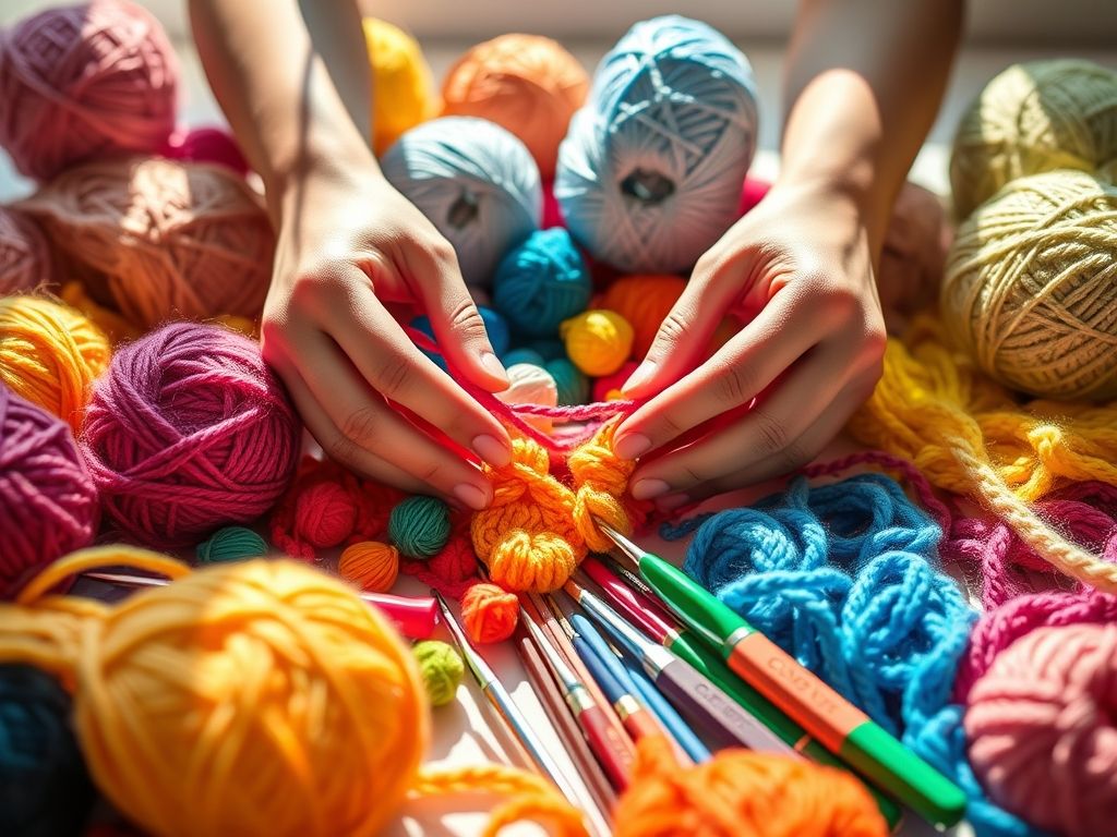 Foto em close-up de mãos segurando materiais para amigurumi: novelos de fio colorido, agulhas de crochê de diferentes tamanhos, tesoura, agulha de tapeçaria, enchimento de fibra siliconada, marcadores de ponto e olhos de segurança.