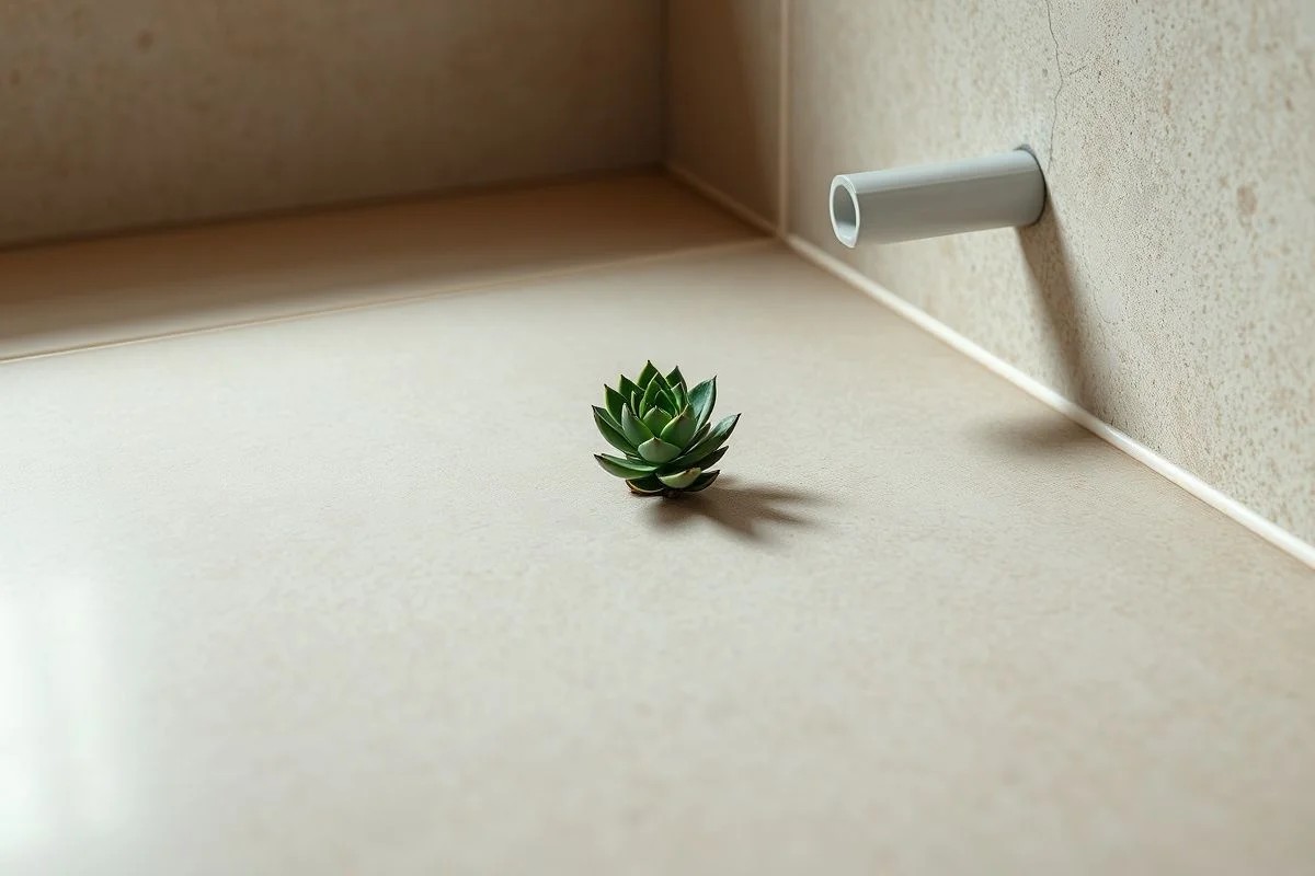 Detalhe de microcimento aplicado sobre cerâmica em banheiro brasileiro.