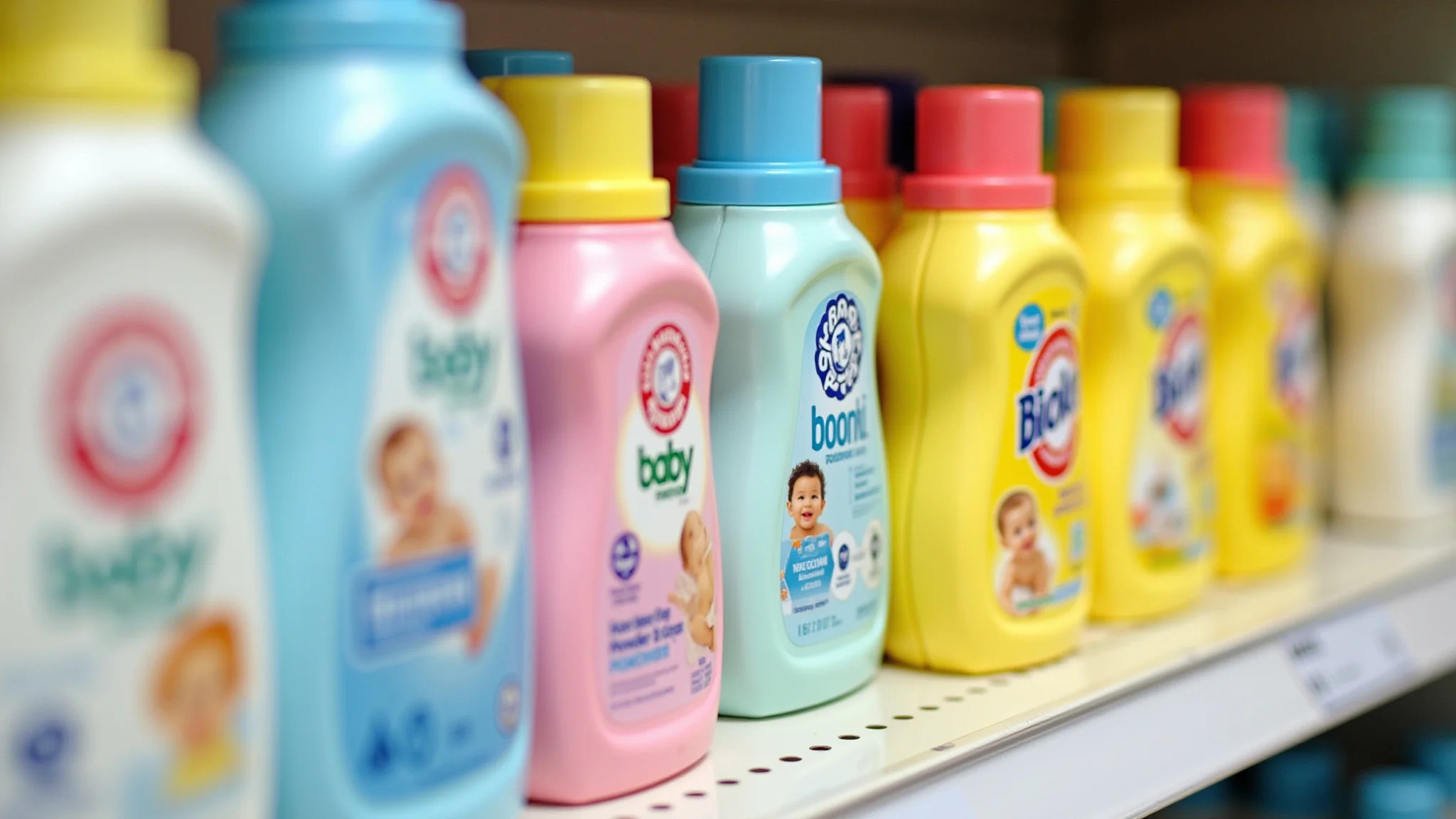 Variedade de sabões para roupa de bebê: líquido, pó e barra.