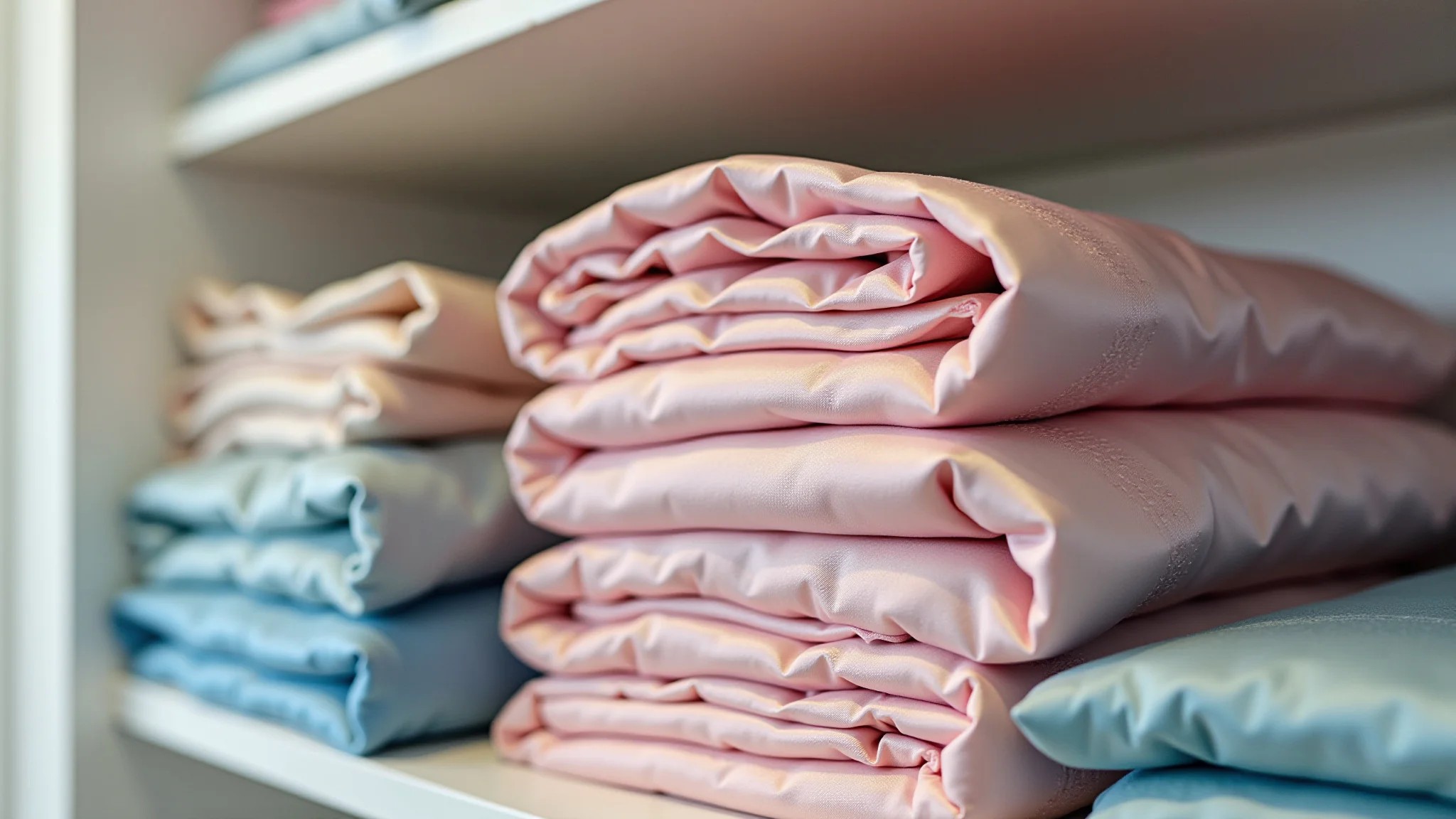 Diversos modelos de pijamas de seda dobrados em uma prateleira.