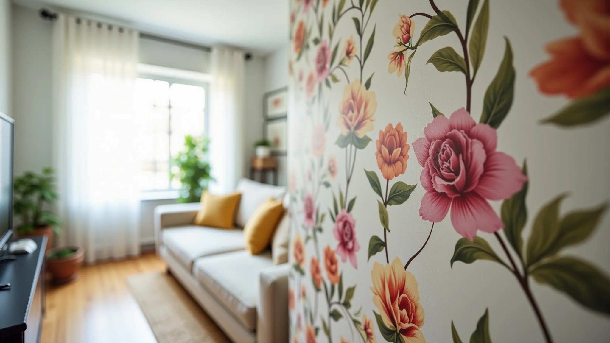 Aplicação de papel de parede floral em sala de estar iluminada, design brasileiro.