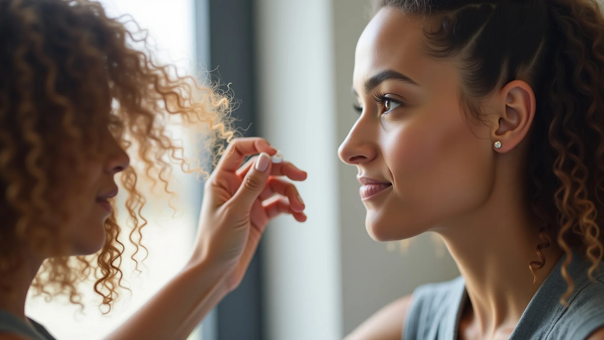 Mulher cacheada aplicando creme para fitagem, definindo os cachos.