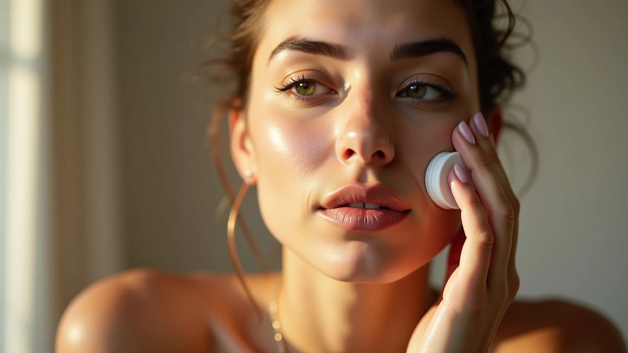 Mulher aplicando hidratante facial com foco na pele radiante e maquiagem natural.