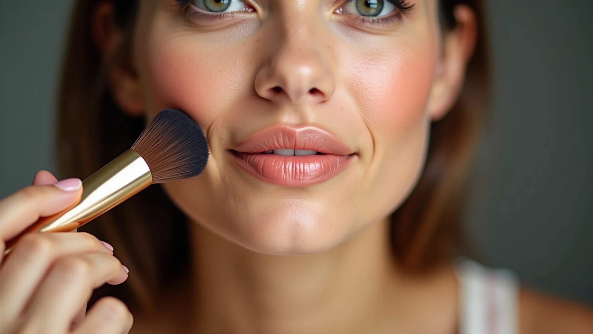 Mulher aplicando blush pêssego com pincel, pele morena clara, maquiagem suave e natural.