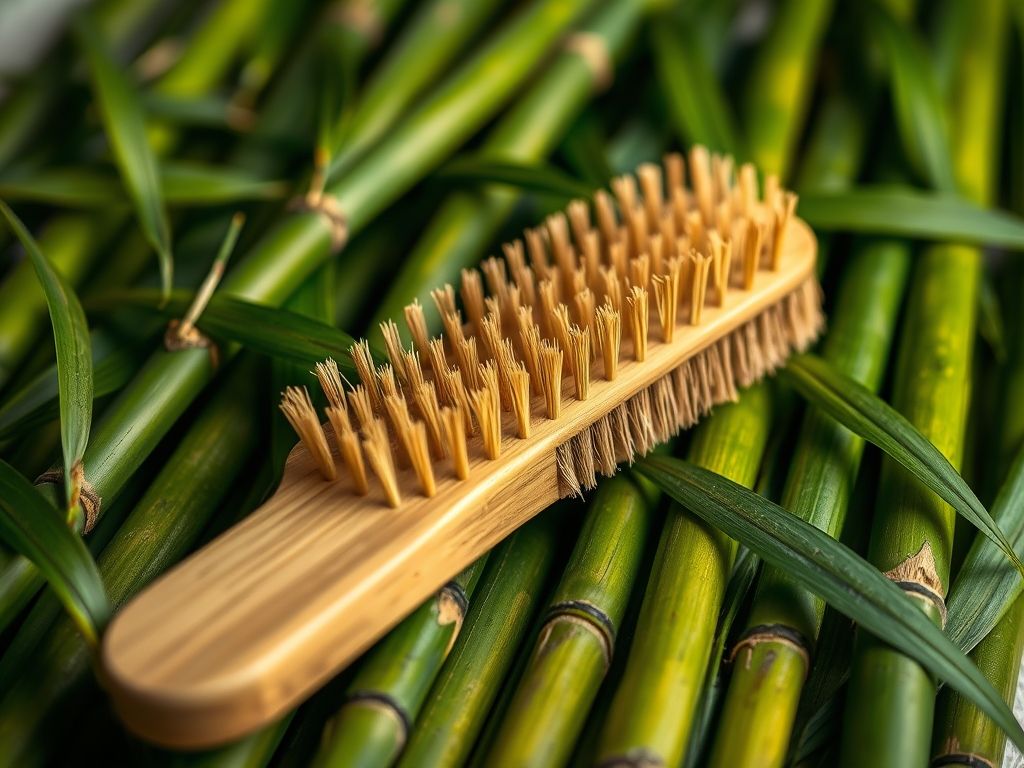 Uma escova de cabelo de bambu repousando sobre talos de bambu verdes.