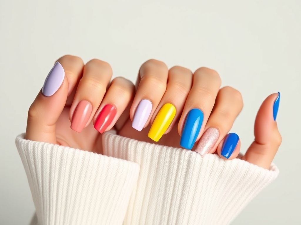 Mãos com diferentes cores de esmalte que serão tendência na primavera verão 2025/2026: tons pastel, laranja vibrante, nude brilhante, dourado metálico e francesinha moderna rosa.