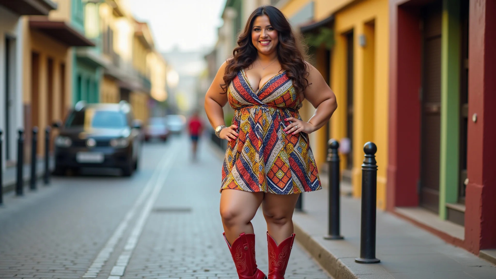 Mulher plus-size estilosa com vestido colorido e bota country vermelha posando em cenário urbano.