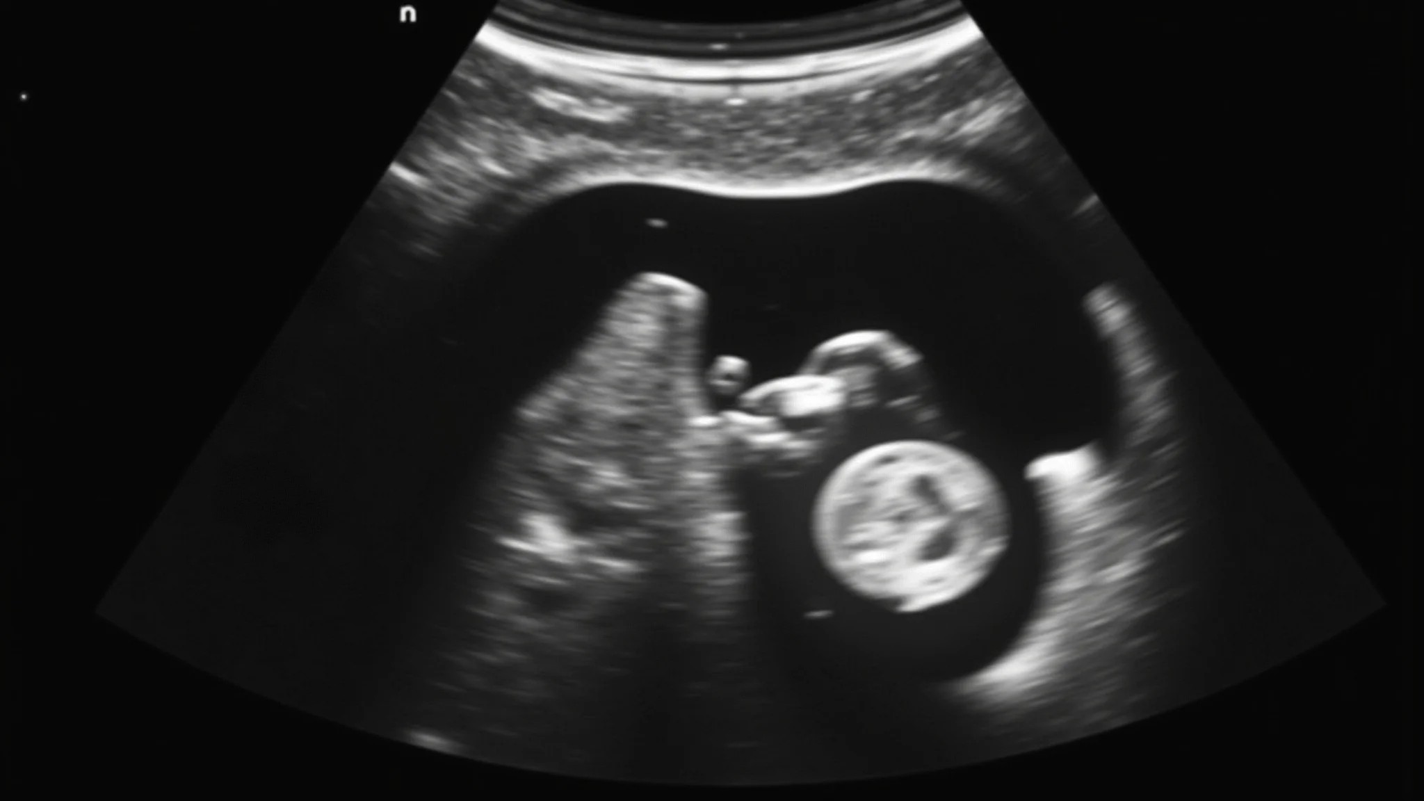 Imagem de ultrassom mostrando o coração de um bebê batendo.