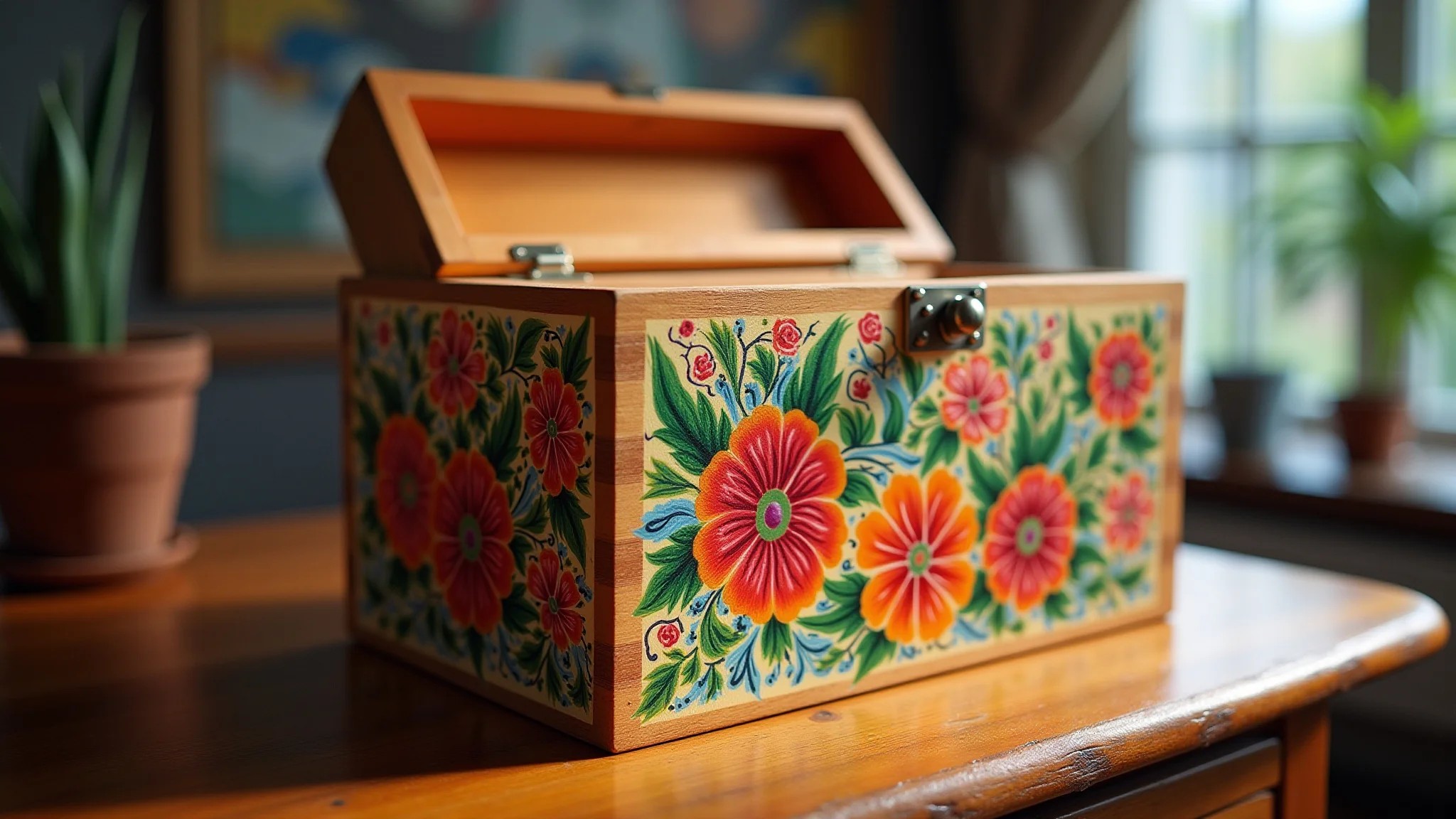 Detalhe vibrante de pintura Bauernmalerei em caixa de madeira com motivos florais.