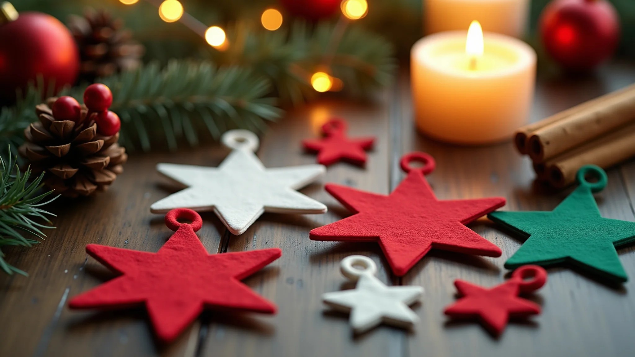 Artesanato de Natal fácil: enfeites de feltro, pinhas e velas de canela em mesa rústica.