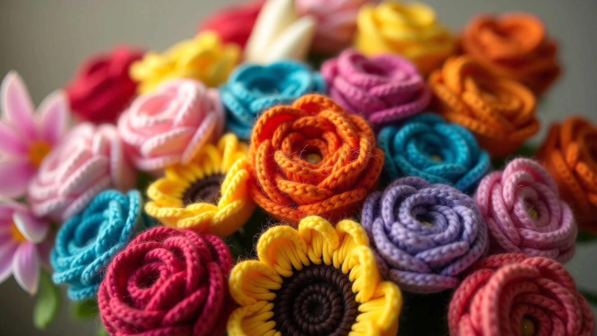 Arranjo vibrante de flores de crochê: rosas, lírios, margaridas, girassóis e orquídeas.
