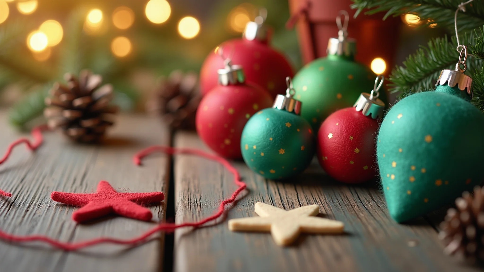 Artesanato de Natal DIY vibrante com feltro, barbante e pinhas em mesa rústica.