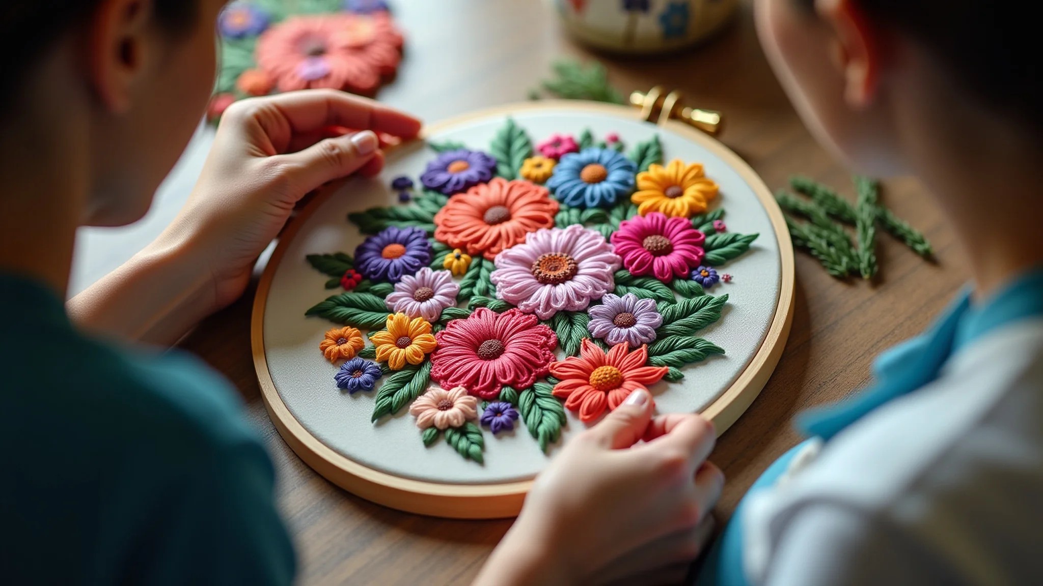 Bordado livre vibrante com flores e mãos trabalhando, estilo brasileiro.