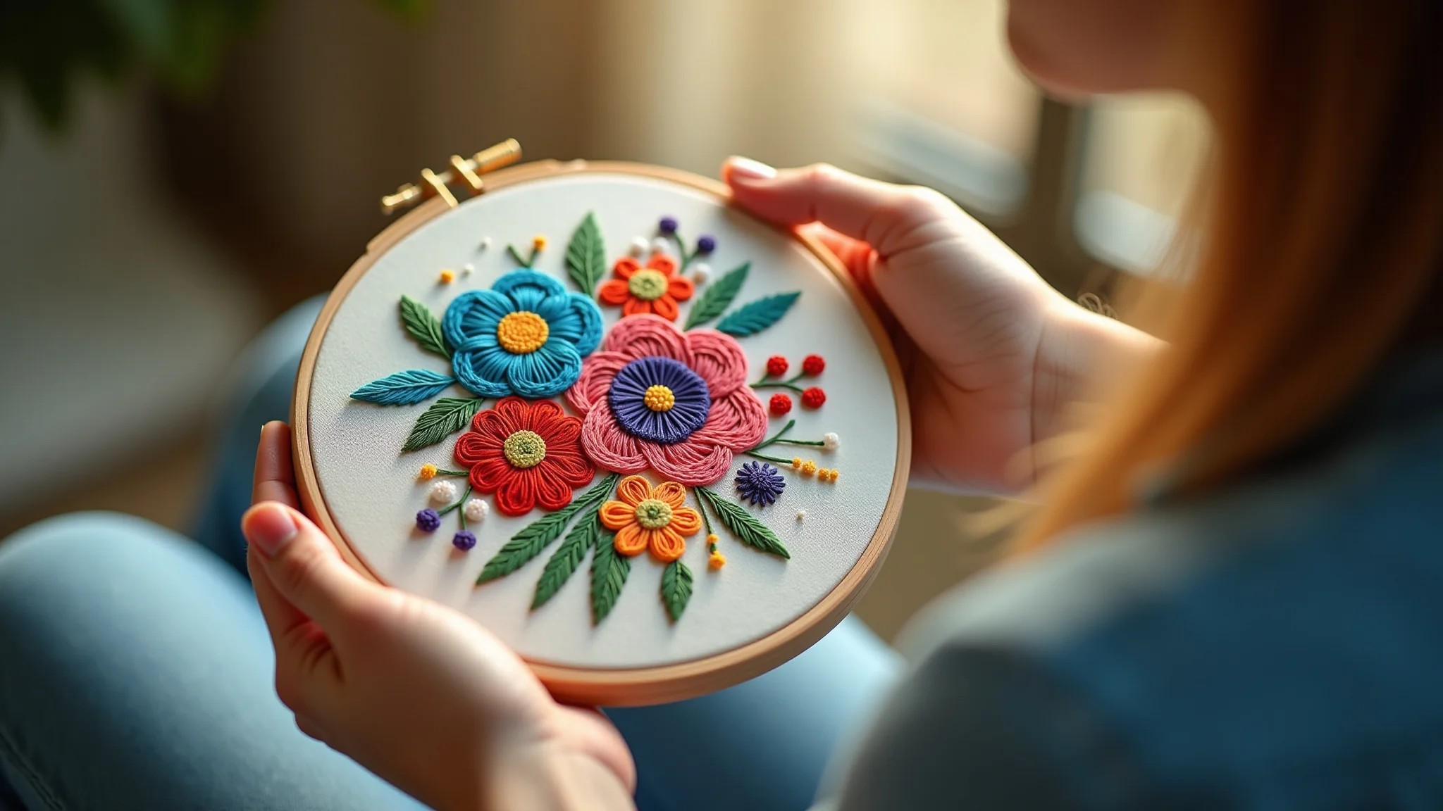 Detalhe de um bastidor com bordado floral colorido, mãos femininas bordando.