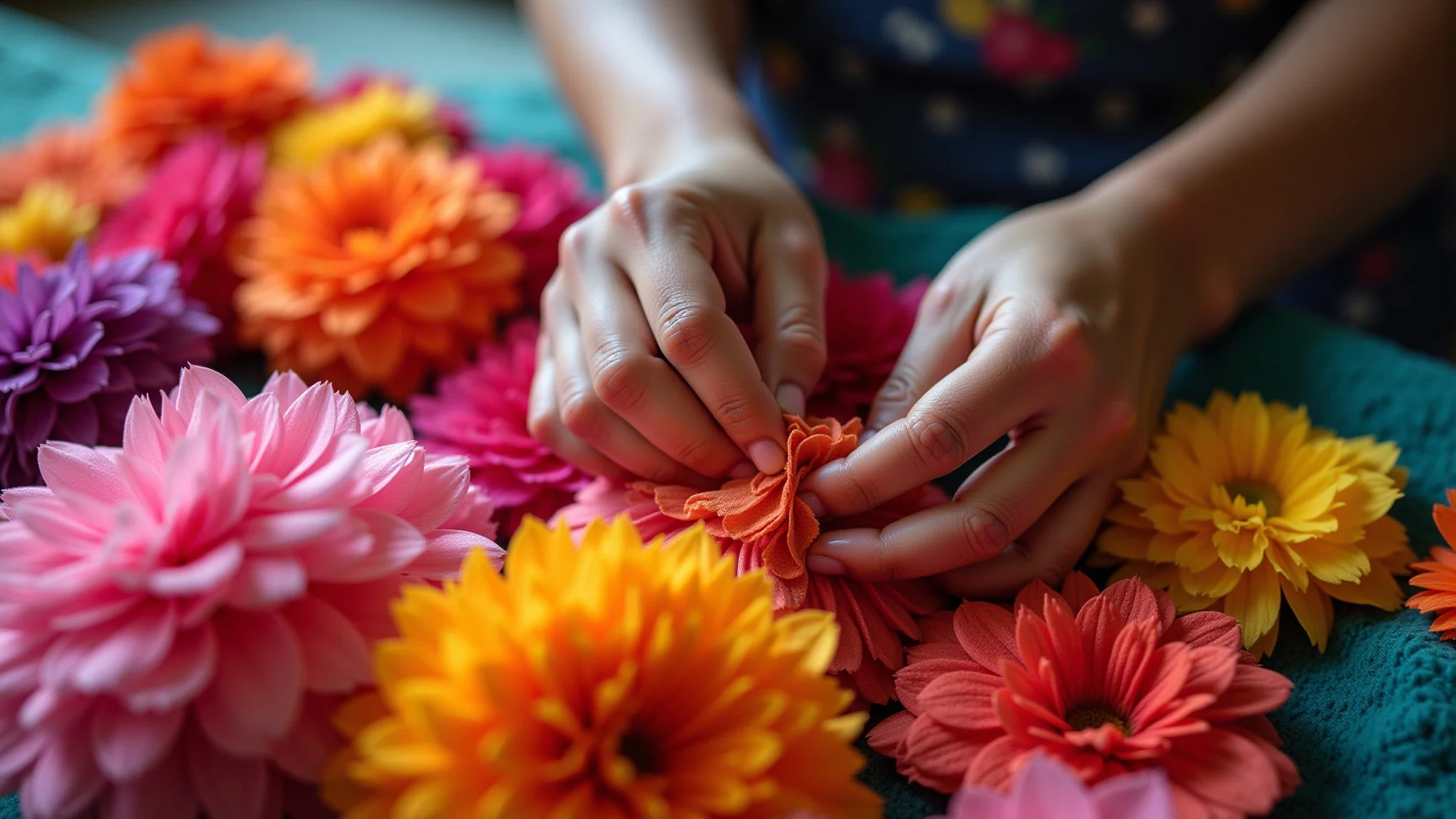 Detalhe de flores de fuxico coloridas sendo costuradas à mão por artesã brasileira.