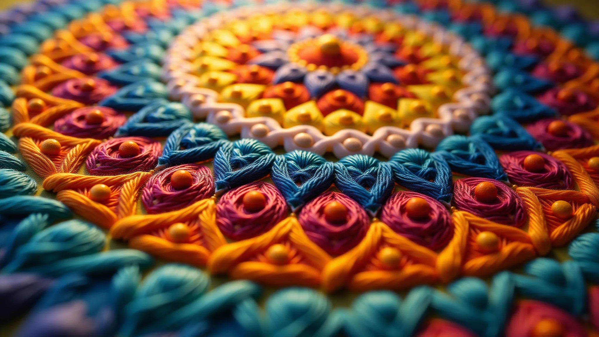 Close-up de uma mandala artesanal vibrante, com linhas coloridas e padrões intrincados.