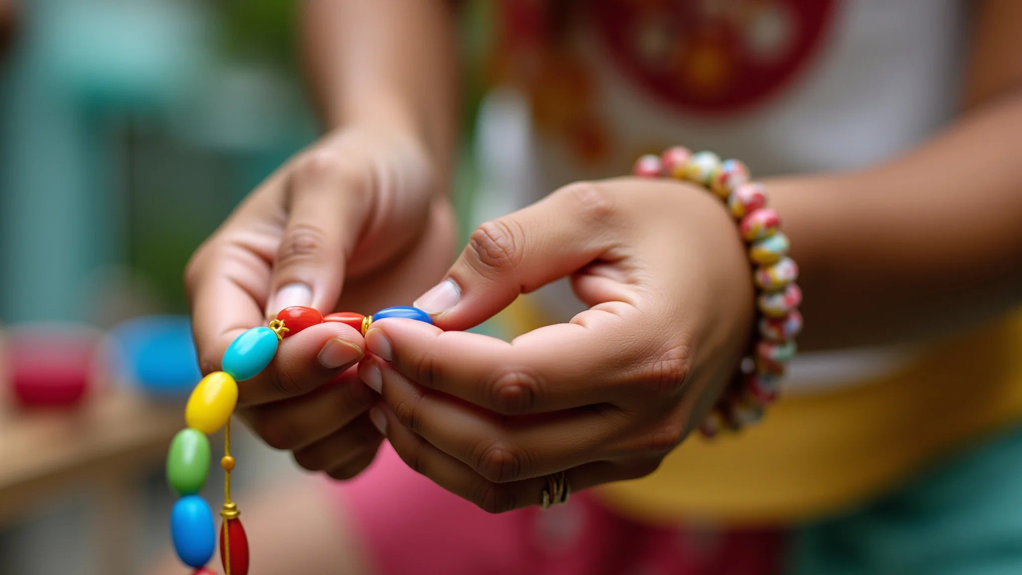 Close-up de mãos criando pulseira de miçangas coloridas em um elástico de silicone.