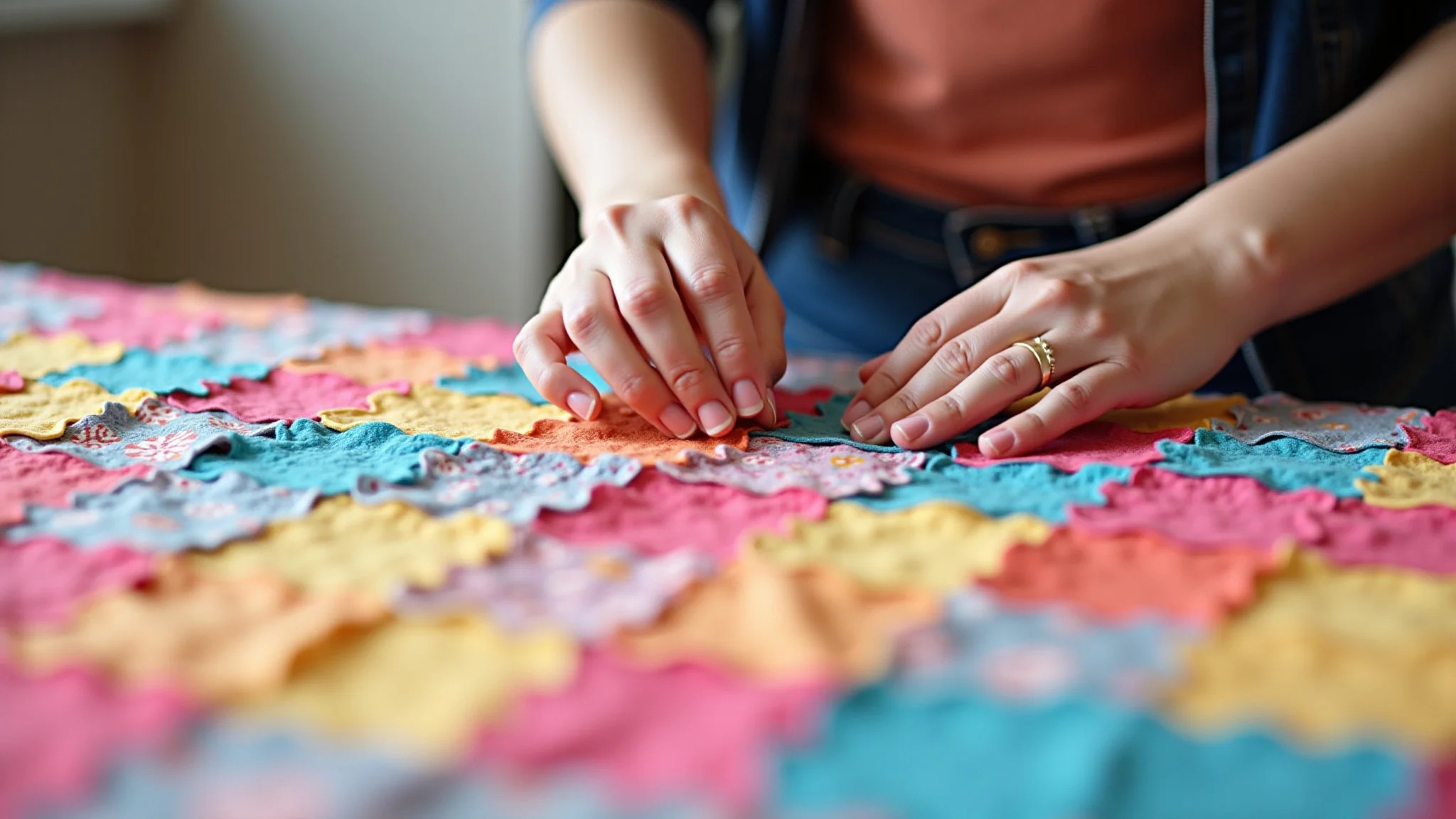 Detalhe de colcha de patchwork em andamento, mãos femininas costurando retalhos coloridos.