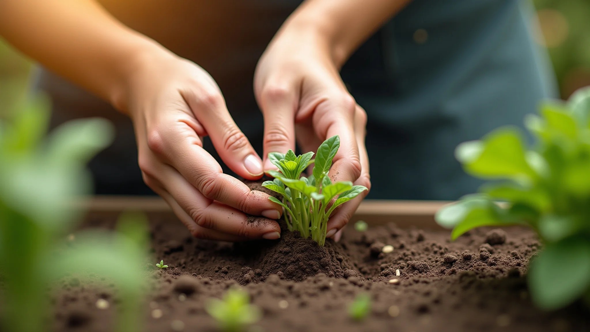 Mãos plantando sementes de coentro em canteiro, com foco nos detalhes da terra e sementes.