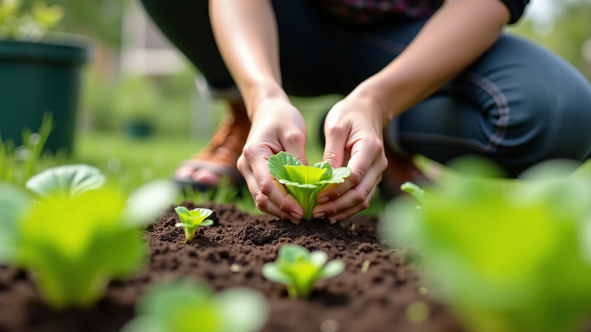 Mãos femininas plantando mudas de alface em uma pequena horta urbana.