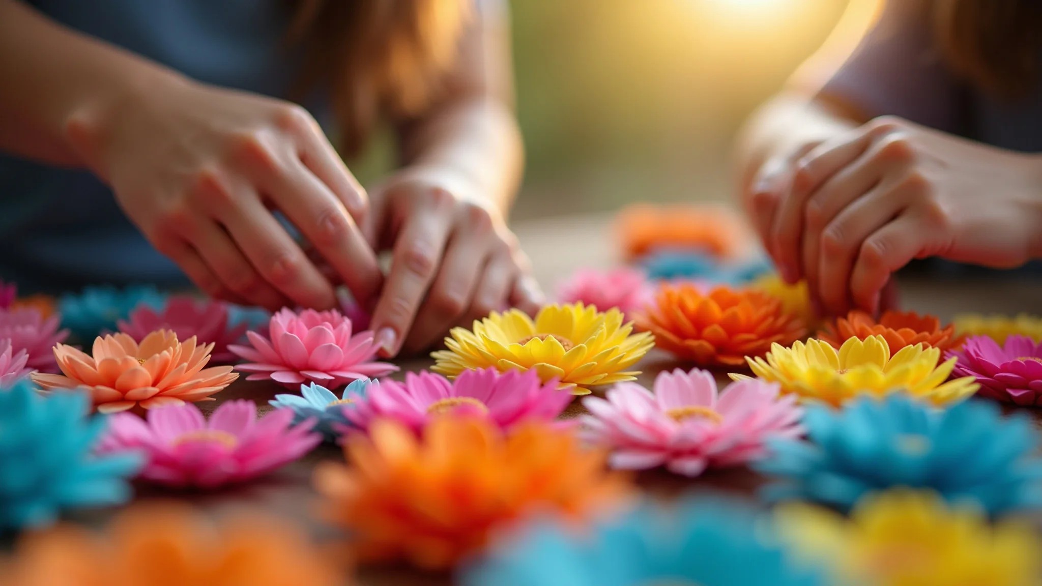 Mãos diversas criando flores coloridas de EVA, artesanato vibrante e detalhado.