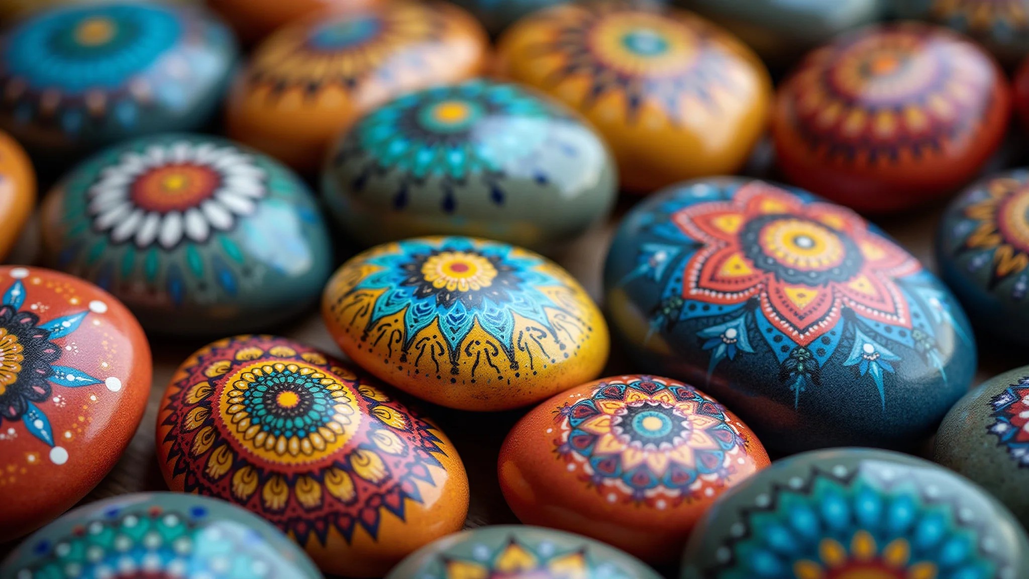 Pedras pintadas com mandalas coloridas, artesanato brasileiro detalhado.