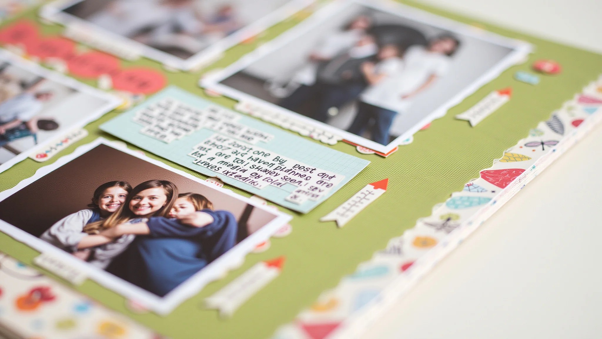 Página de scrapbook vibrante com fotos antigas, papéis coloridos e notas manuscritas.