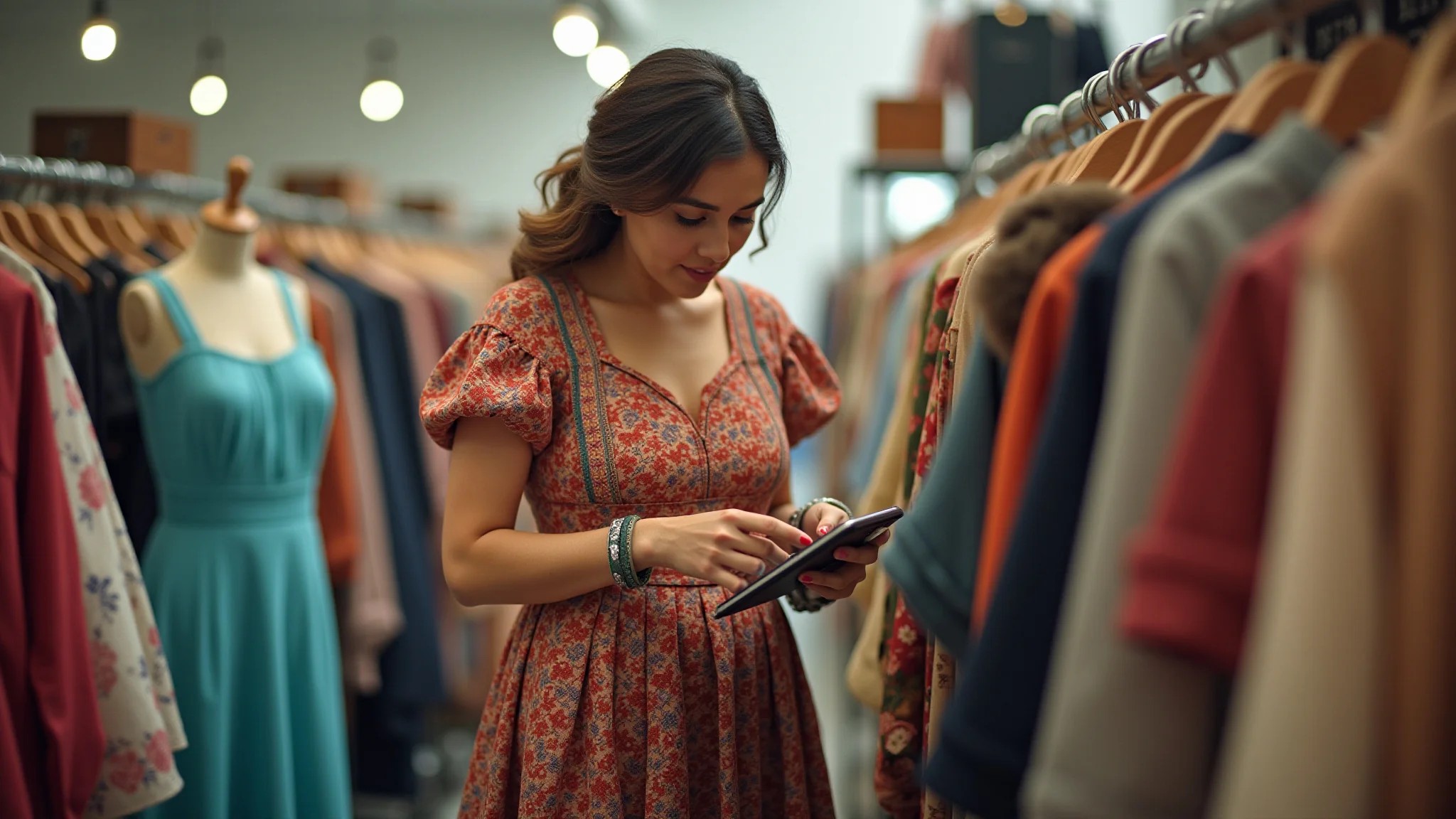 Mulher examinando vestido vintage em bazar, foco nos detalhes do tecido.