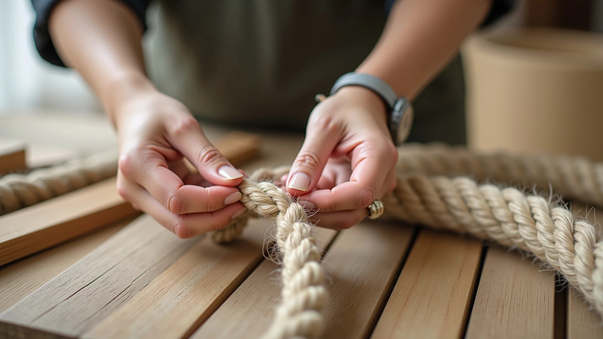 Mãos de mulher criando prateleira de corda com sisal e madeira.
