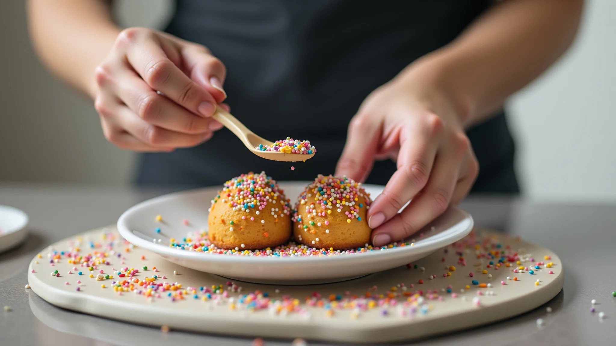Mãos de mulher decorando um brigadeiro com granulado colorido.
