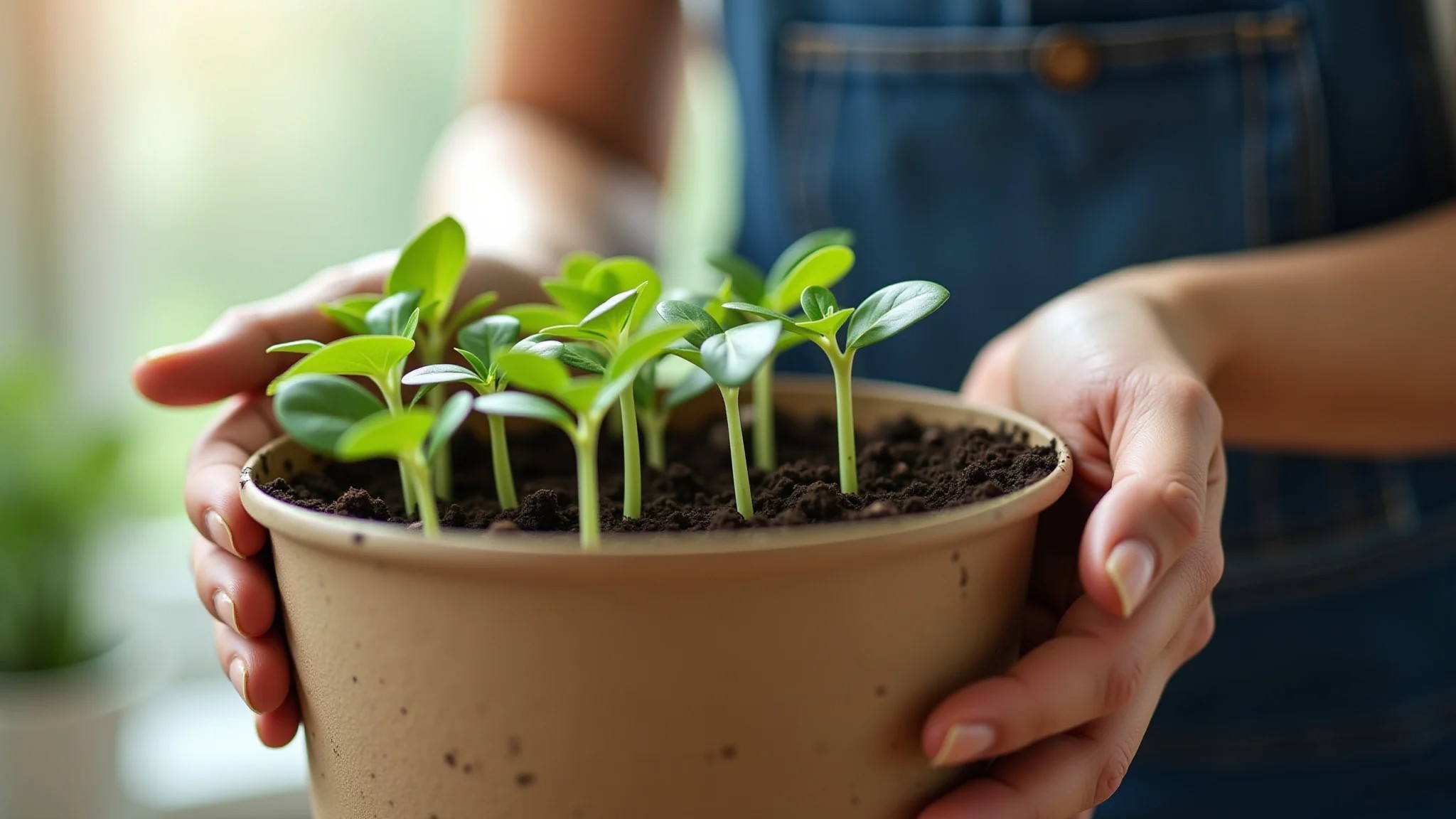 Mãos de mulher plantando mudas em recipiente reciclado.