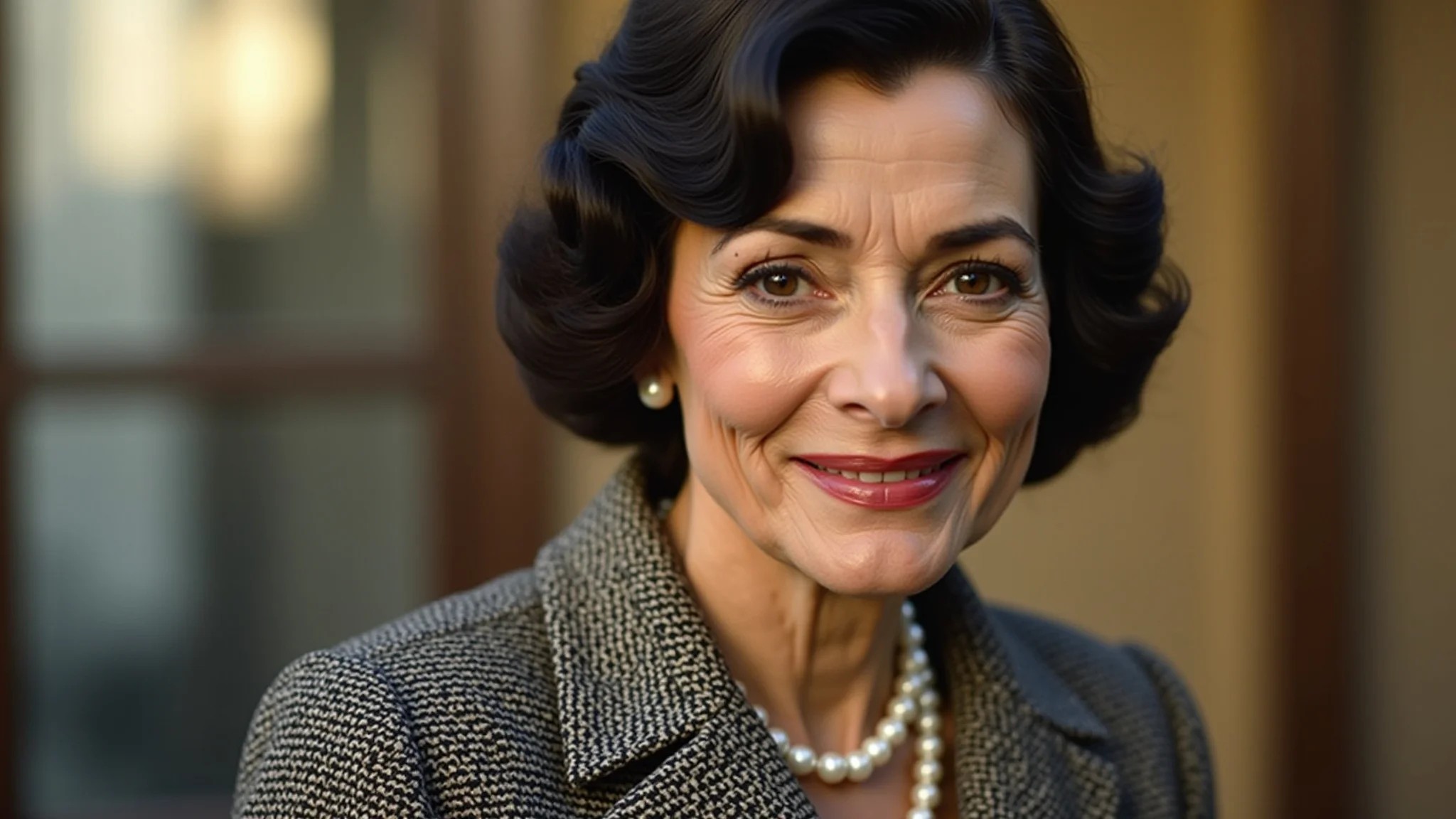 Coco Chanel aos 50, usando um tailleur de tweed clássico e pérolas, com expressão confiante.