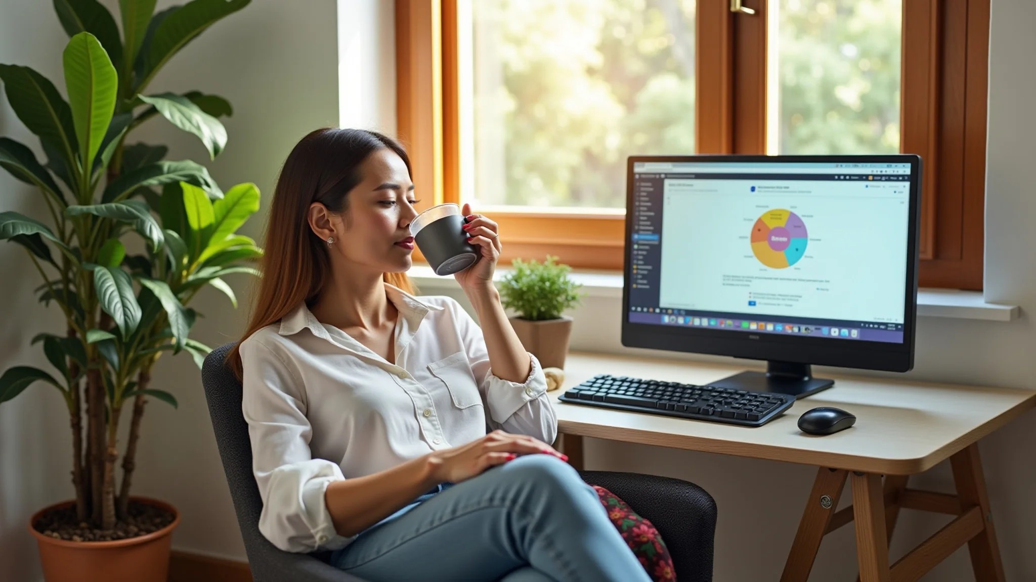 Cantinho do café em home office com mulher relaxando em ambiente iluminado.